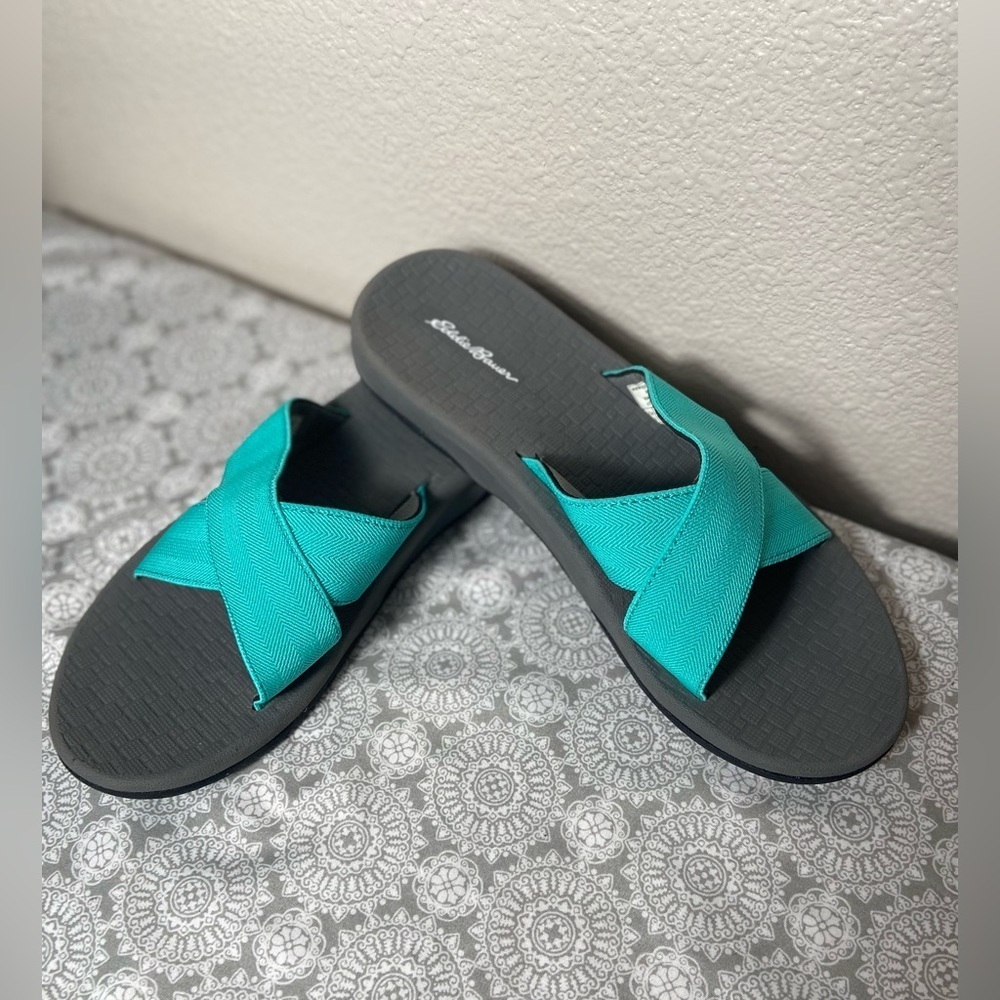 Eddie Bauer~Break Point~Criss-Cross Turquoise Strap~Slip On~Slide~Sandal~Size 10